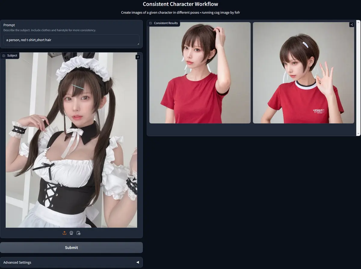 一致性角色工作流程Consistent Character:上传图片并填写提示词,就能让图像中的角色变换姿势和服装
