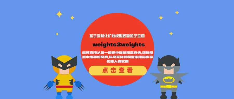 基于定制化扩散模型权重的子空间weights2weights（w2w）：能够支持从单一图像中提取视觉身份，编辑模型中编码的身份，以及采样新模型来编码多样化的人物实例