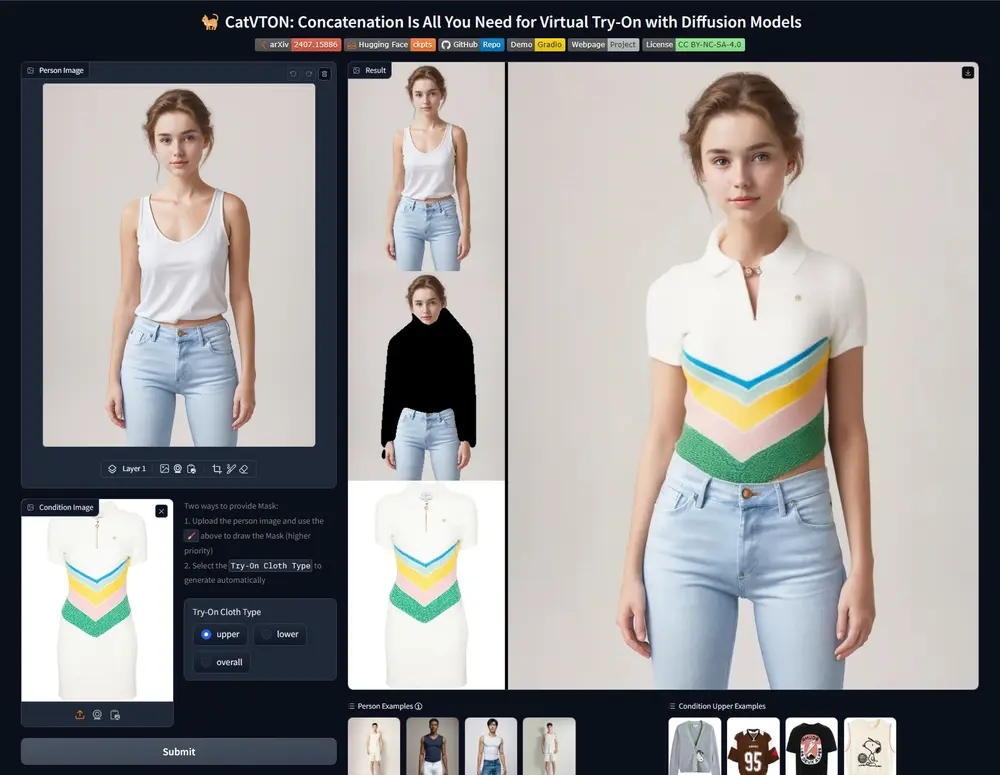 虚拟试穿扩散模型CatVTON：允许用户在不实际穿上衣物的情况下，通过照片来预览衣物穿在身上的效果