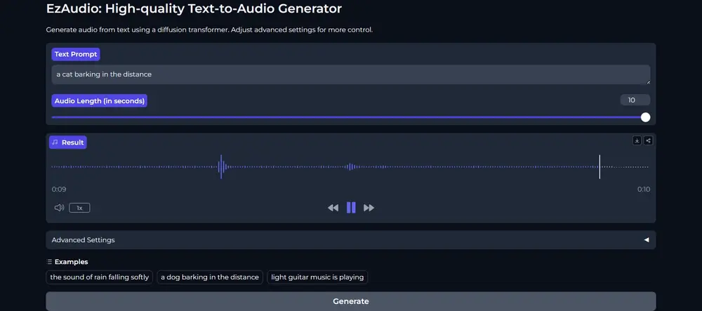 新型高品质文本音频生成器EzAudio:将文本描述转换成相应的音频内容