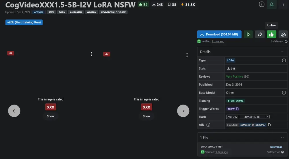 CogVideoXXX1.5-5B-I2V LoRA NSFW ：基于 CogVideoX1.5-5B 的LoRA模型，专门针对NSFW内容进行了训练