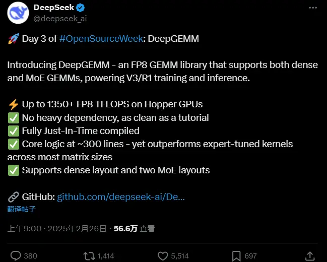 深度求索开源第三弹DeepGEMM：专为高效 FP8 矩阵乘法设计的库