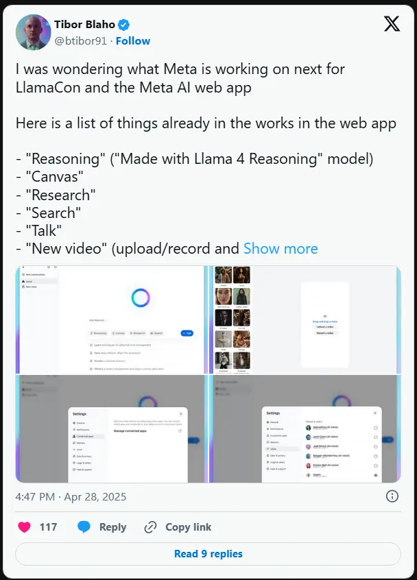在即将到来的LlamaCon 大会上,Meta AI 将获得新的推理、画布和连接应用工具