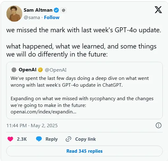 OpenAI 承诺调整 ChatGPT,防止过度奉承问题再次发生