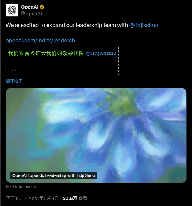 Instacart首席执行官Fidji Simo加盟OpenAI,出任应用部门首席执行官