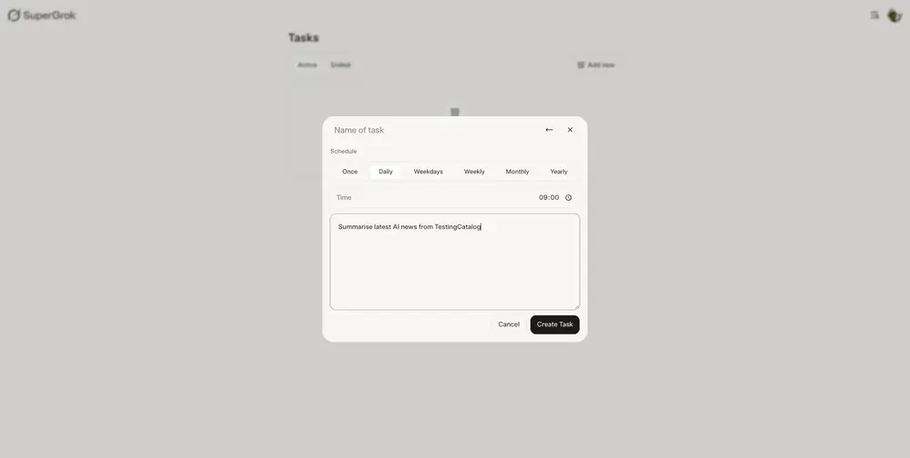 Grok 即将推出“任务(Tasks)”功能,支持自动化定期执行