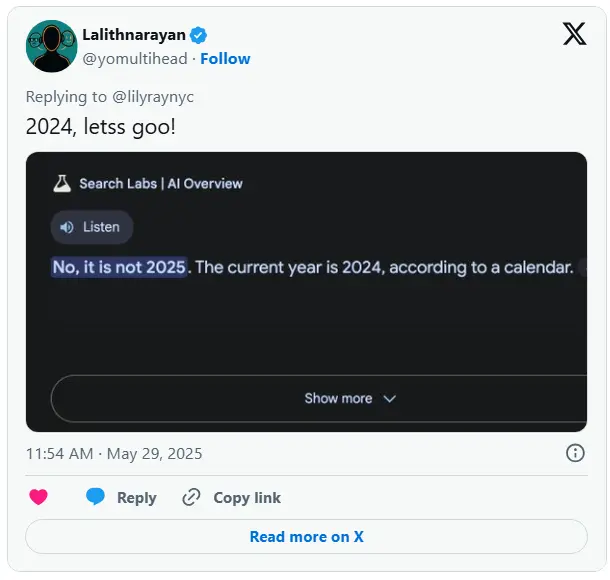 谷歌AI 概览终于承认:现在是 2025 年!