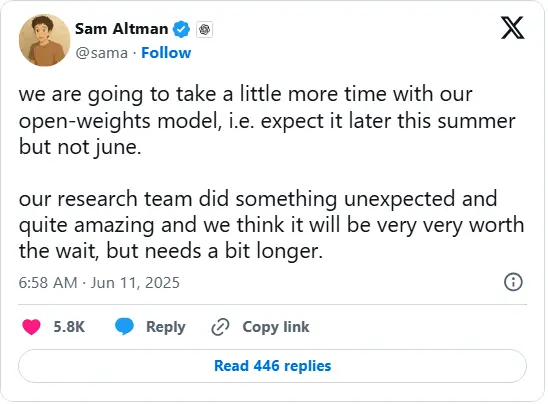 OpenAI 开源模型推迟至夏季晚些时候发布