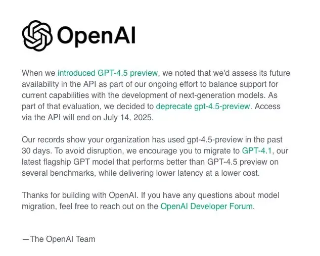 OpenAI宣布弃用GPT-4.5 API,开发者集体“哀悼”:我们最爱的模型下线了