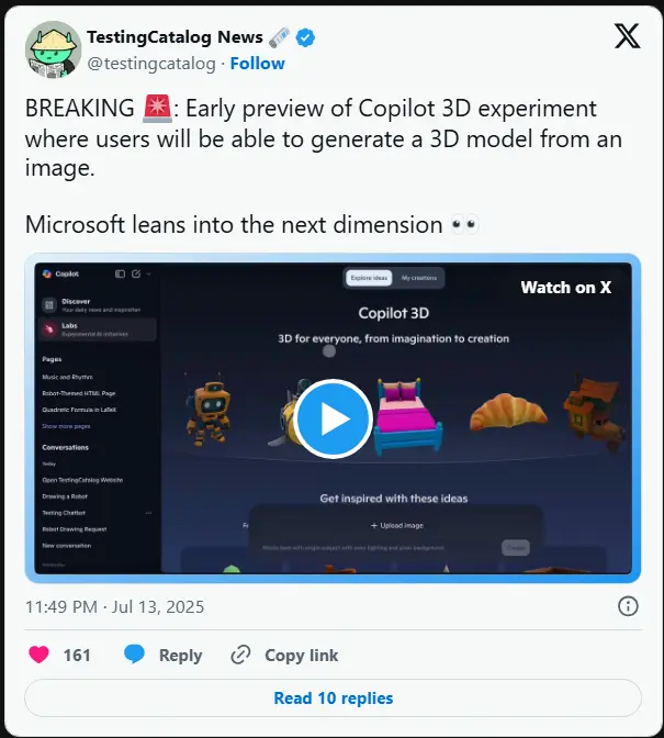 微软推出 Copilot 3D 实验功能,瞄准创意与设计领域