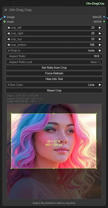 Olm DragCrop for ComfyUI：交互式图像裁剪节点，为你的图像工作流提速
