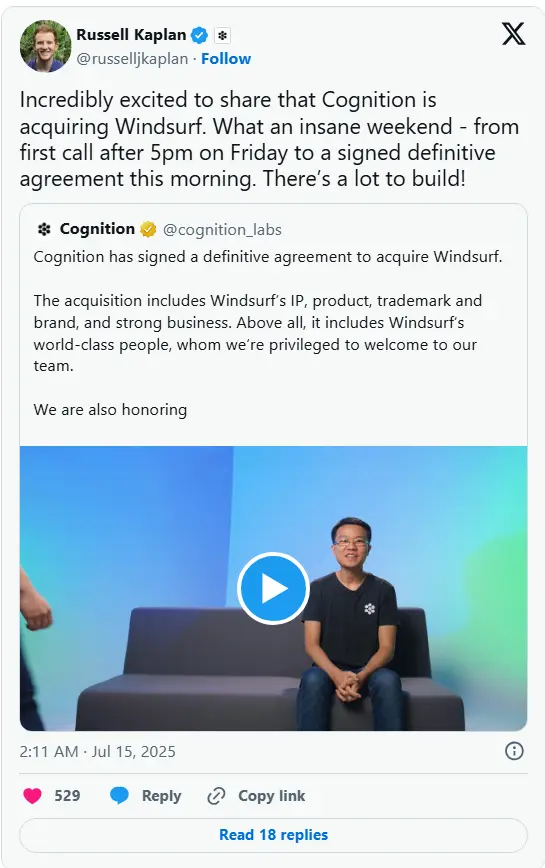 Cognition宣布收购Windsurf，AI编程助手迈入全栈整合新时代