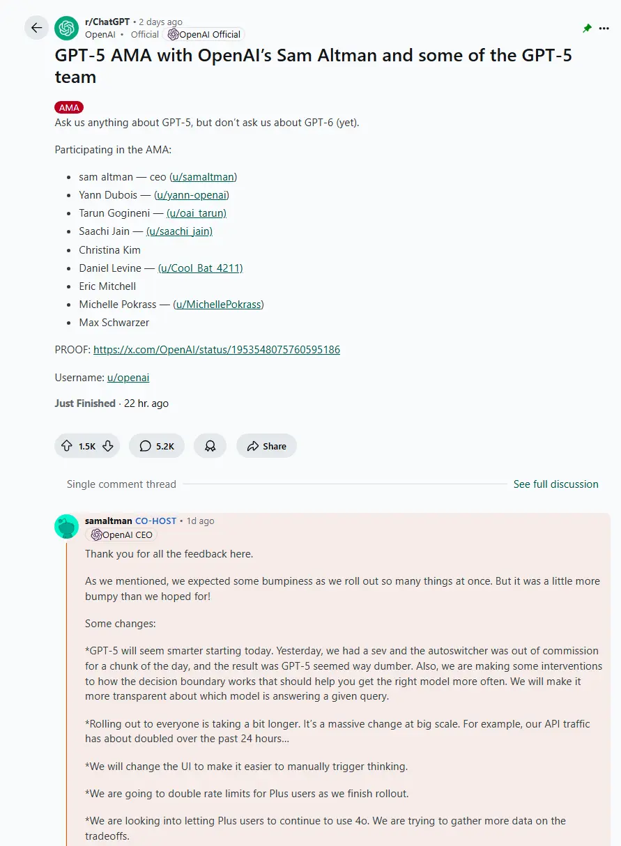 萨姆·奥尔特曼回应 GPT-5 上线问题:路由器故障、GPT-4o 恢复可能与“图表罪行”