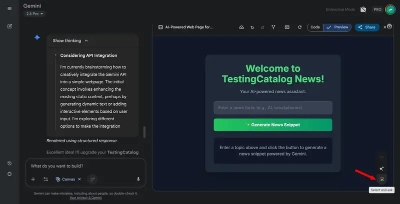 谷歌推出 Gemini Canvas 新功能:“选择与询问(Select & Ask)”