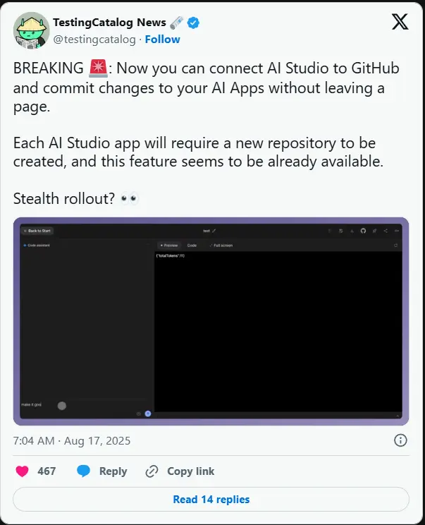 谷歌为 AI Studio 推出 GitHub 集成,强化开发者工作流