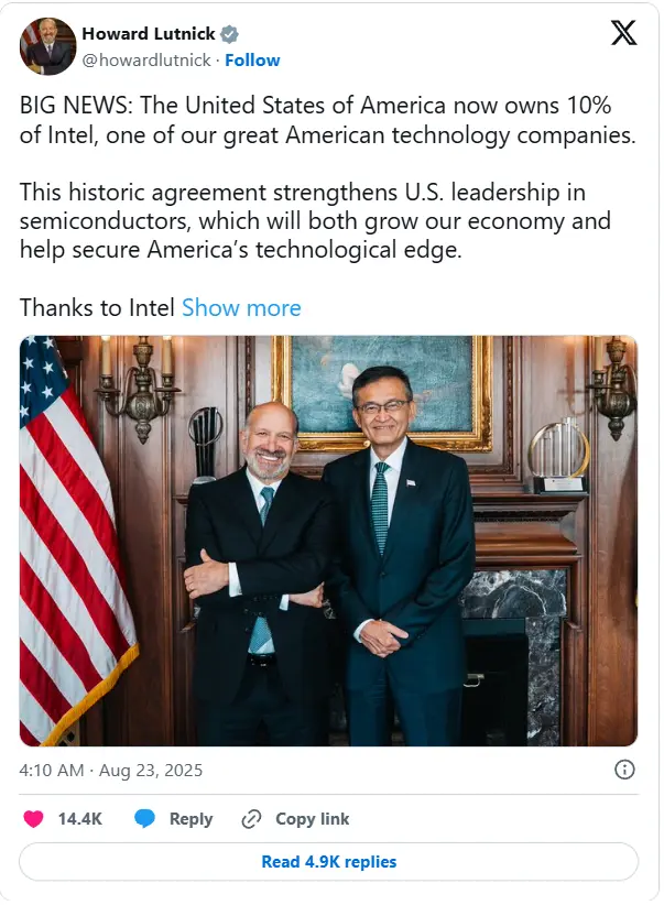 美国政府成英特尔股东:被动投资不干预经营,89亿缓解资金压力