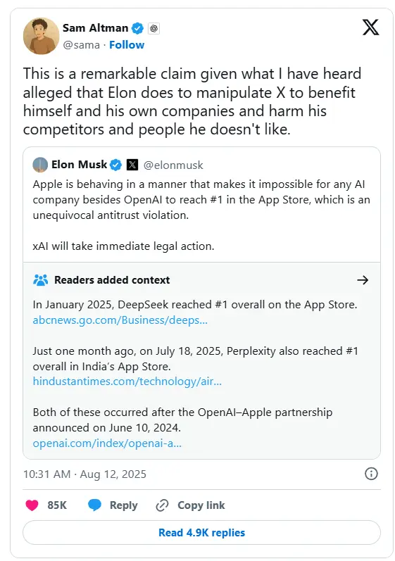 埃隆·马斯克的xAI起诉苹果和OpenAI,称其存在反竞争勾结