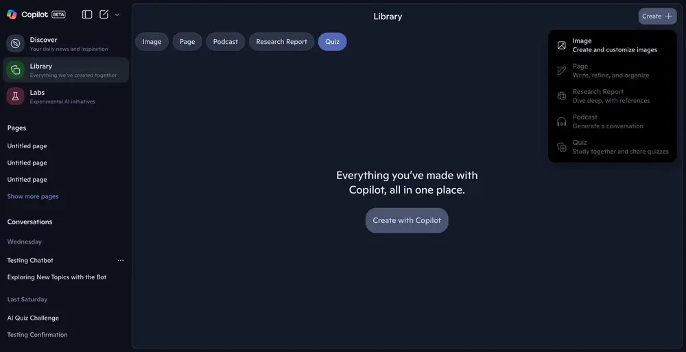 微软测试Copilot库新类别:新增播客、文档、测验分类,强化内容管理能力