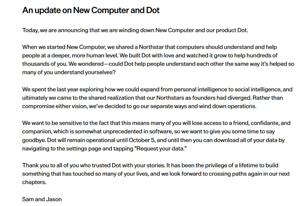 上线一年半，个性化AI伴侣应用 Dot宣布关停，用户可导出数据至10月5日
