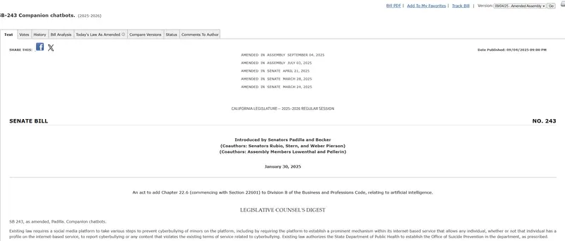 美国加州即将通过首部AI伴侣监管法案:提醒“你在和AI机器人聊天”