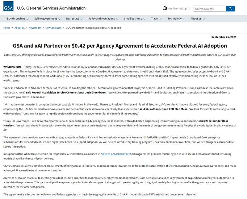 Grok进入美国联邦系统：每机构0.42美元，xAI签下最长政府AI合同