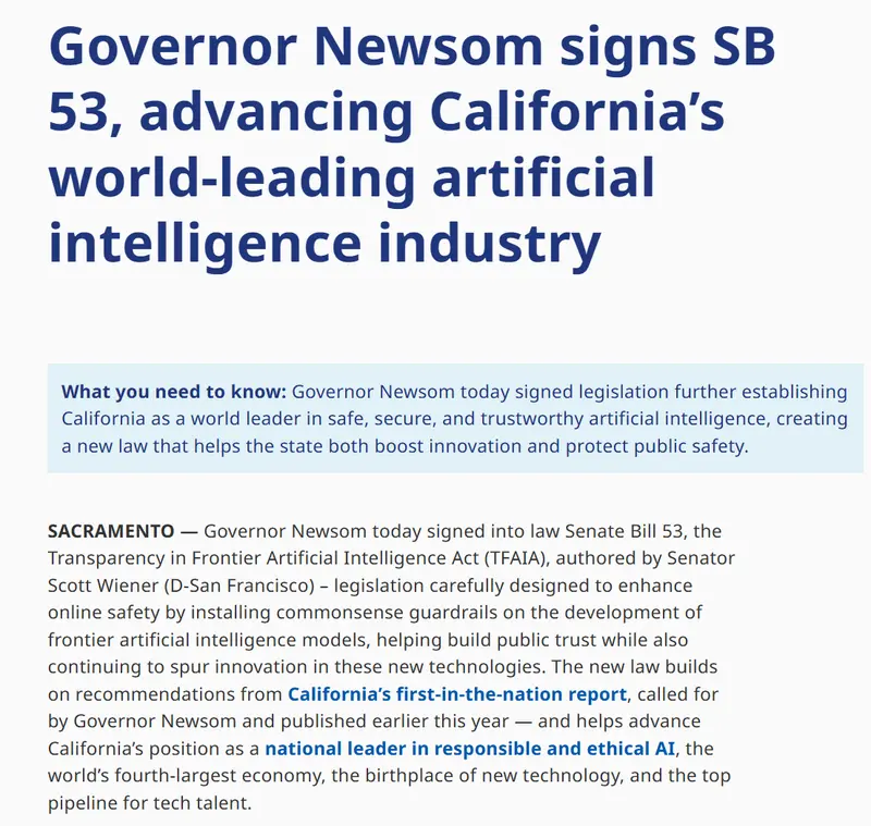 美国首个AI透明法案SB 53落地：加州要求大模型公司公开安全框架