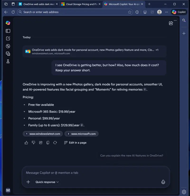 微软Edge 测试新功能:可将标签页发送至 Copilot,并用浏览历史生成 AI 摘要