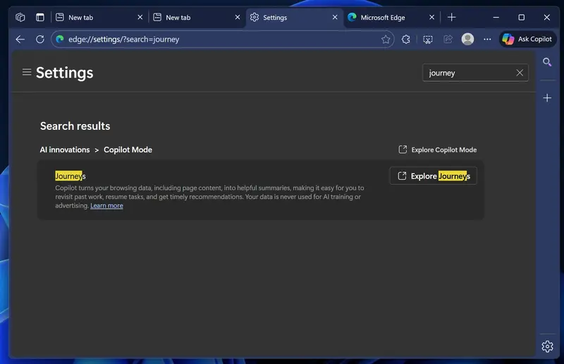 微软Edge 测试新功能:可将标签页发送至 Copilot,并用浏览历史生成 AI 摘要