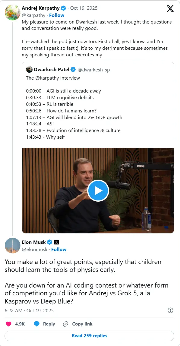 马斯克邀 Karpathy 与 Grok 5 编程对决，遭婉拒：AI 时代不需要“深蓝式”表演