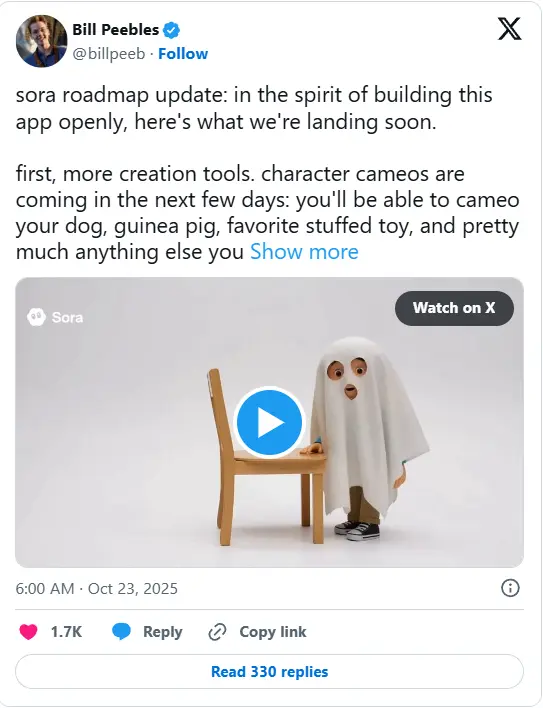 OpenAI Sora 推出“客串角色”功能,支持宠物和物品生成 AI 视频