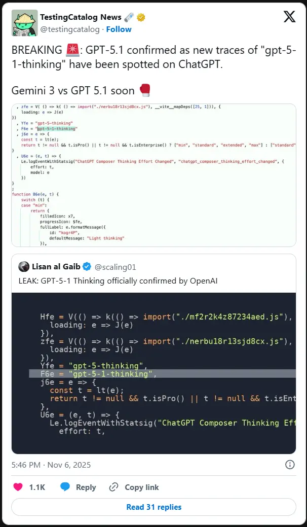 OpenAI 或将推出 GPT-5.1 Thinking 模型,直面 Gemini 3 Pro 竞争