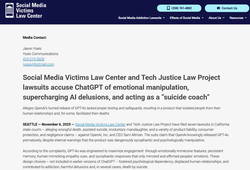 七组家庭就ChatGPT涉自杀与妄想症案件追加起诉OpenAI