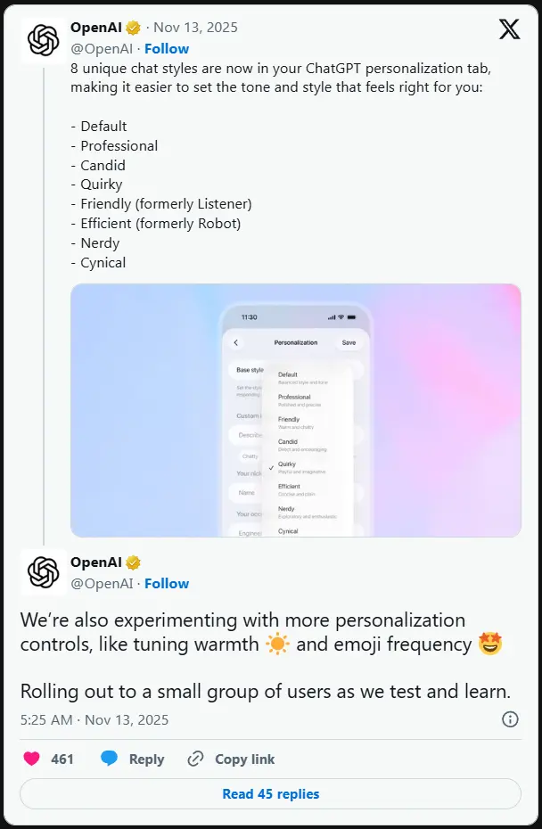 OpenAI 发布 GPT-5.1：8 种个性语调可选，Instant 更温暖、Thinking 更智能