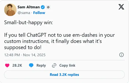 OpenAI宣布修复ChatGPT滥用破折号问题