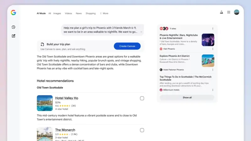 谷歌搜索AI模式新增旅行规划与自动预订功能