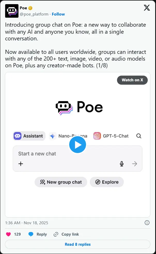 Poe 重磅推出群组AI聊天功能:200人+200种多模态模型协作,跨设备同步