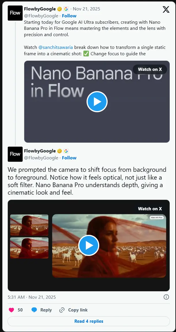 谷歌在 Flow 中为 Ultra 订阅者推出 Nano Banana Pro