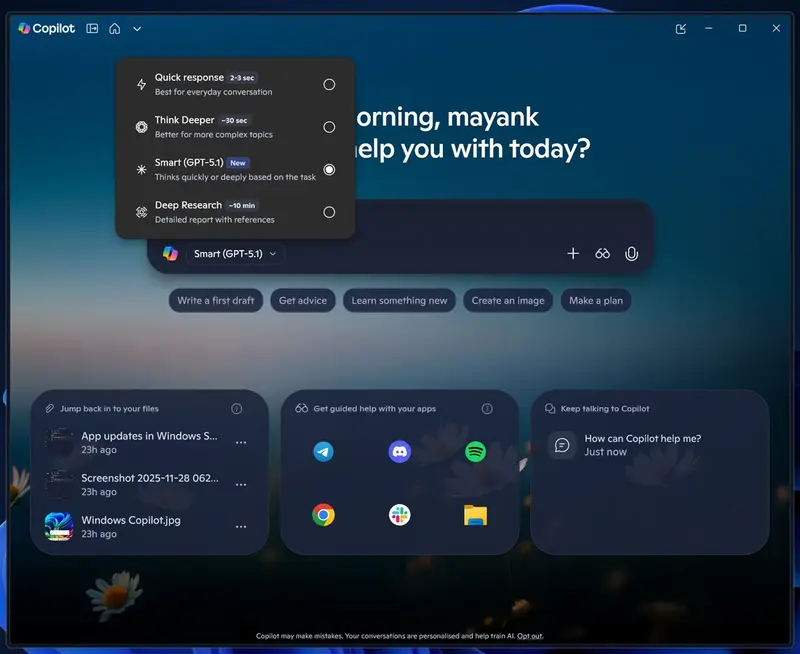 Windows 11 Copilot 开始灰度推送 GPT-5.1,实验室功能同步上线