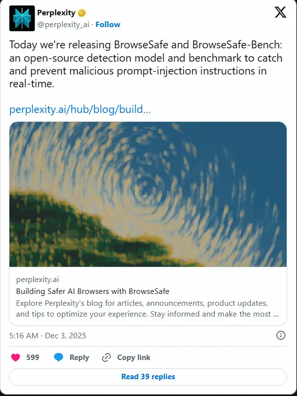 Perplexity 发布面向浏览器AI智能体的安全评估基准 BrowseSafe-Benchmark