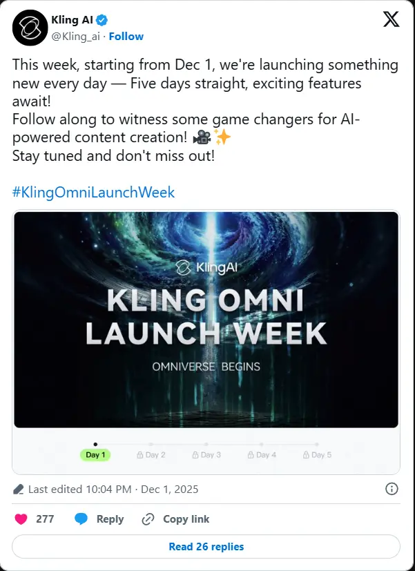 可灵AI即将发布 Kling 2.6:原生支持音频,实现“视声一体”生成