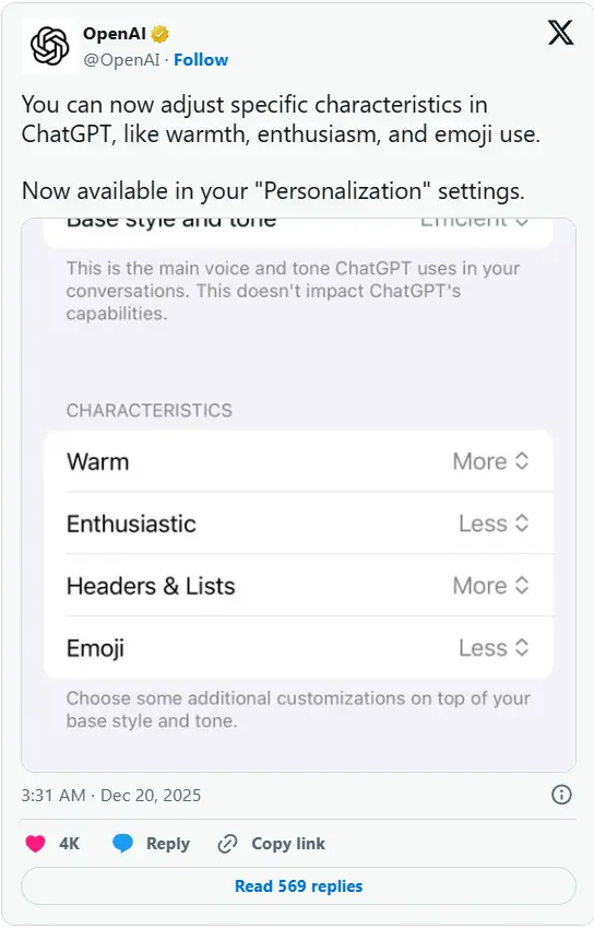 OpenAI 允许用户直接调整 ChatGPT 的热情度
