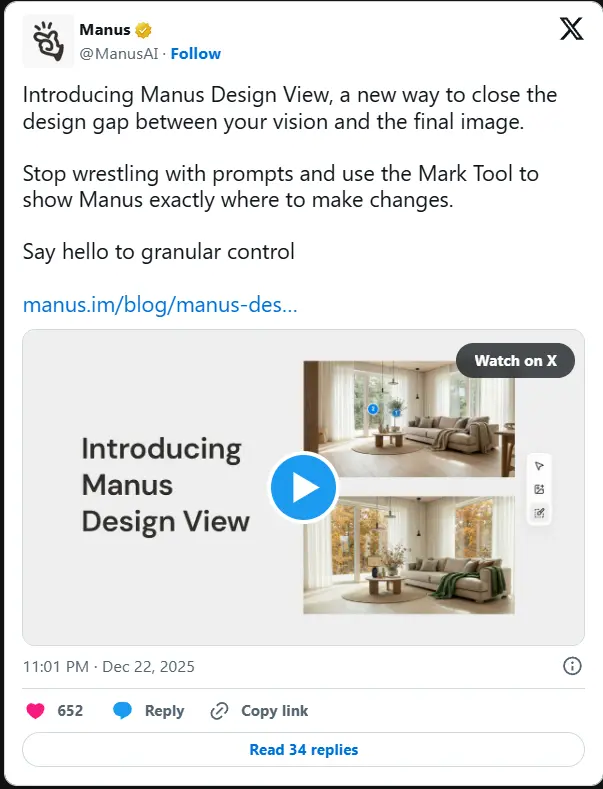 Manus 推出 Design View：集成图像生成与细粒度编辑的 AI 设计工具