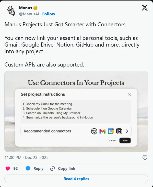 Manus 推出“连接器”功能:将 Projects 从工作区升级为自动化引擎