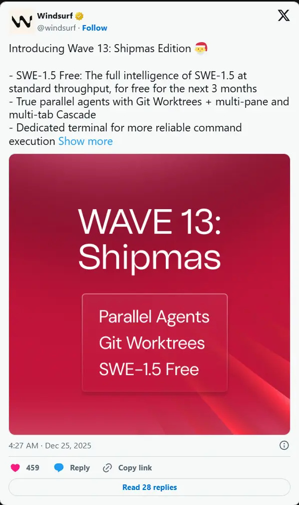 Windsurf Wave 13 发布：支持并行智能体、Git 工作树隔离，SWE-1.5 模型免费开放