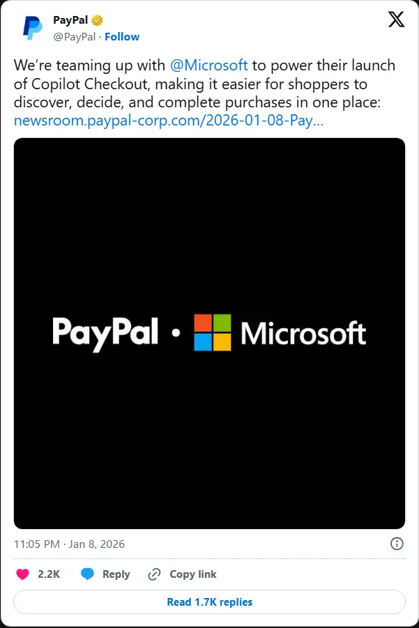 PayPal 与微软在美国 Copilot 中引入聊天内购物功能