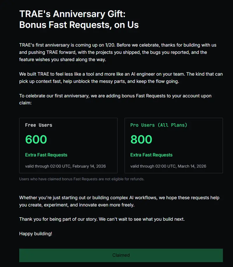 字节跳动旗下 AI 编程助手Trae 一周年福利：免费领 600~800 次「超快请求」额度