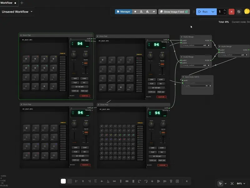 ComfyUI DrumPad：可配置 16/64 垫位鼓机节点，支持音序器与自定义音色