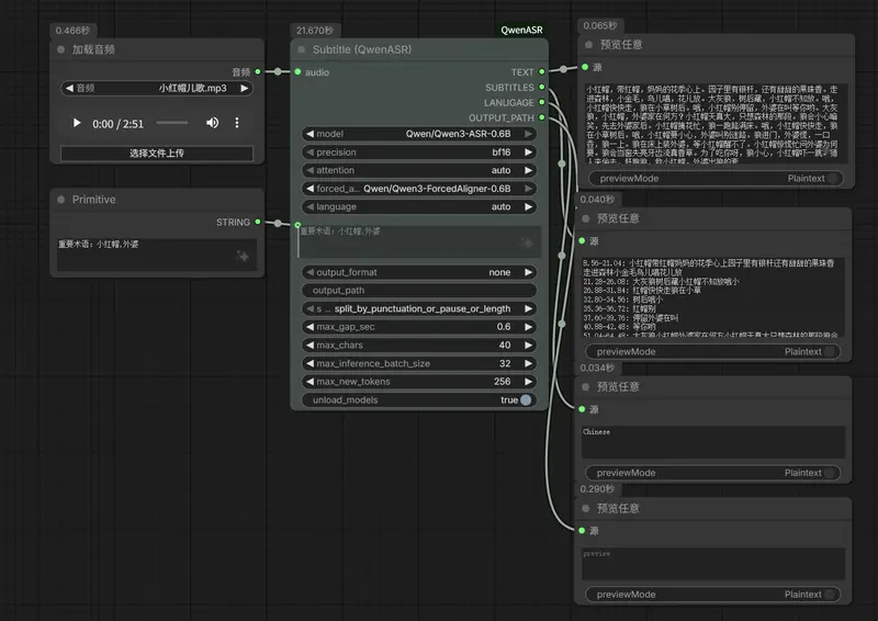 ComfyUI-QwenASR：轻量可靠的语音转文本自定义节点，支持长音频处理与精准字幕生成
