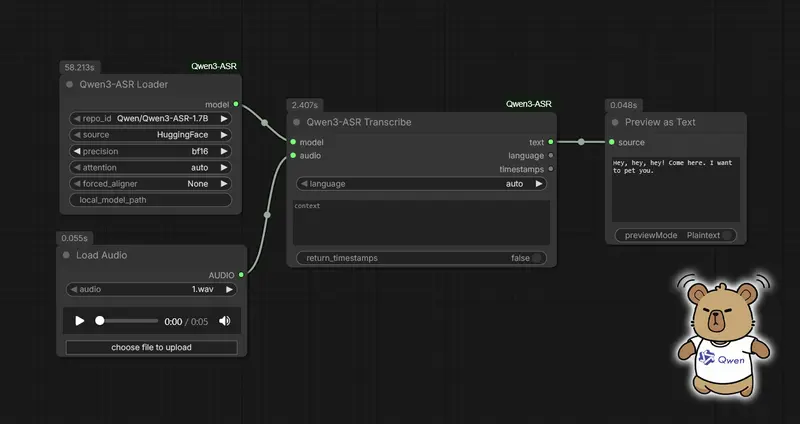 ComfyUI-QwenASR：轻量可靠的语音转文本自定义节点，支持长音频处理与精准字幕生成