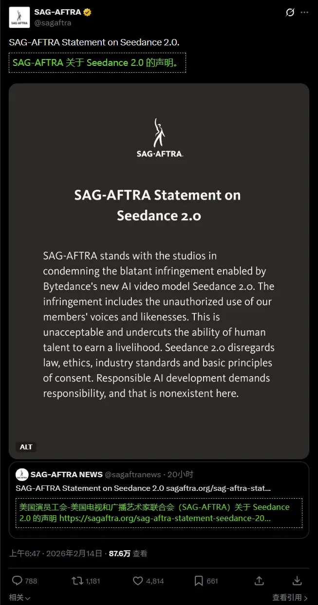 美国演员工会正式谴责字节跳动 Seedance 2.0:未经授权使用成员声音与肖像